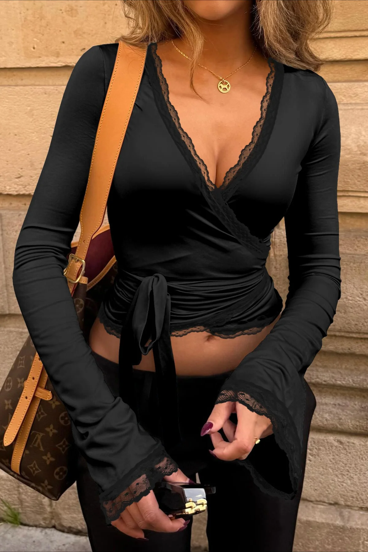 V Neck Lace Trim Bodycon Long Sleeve Tee - Image 6