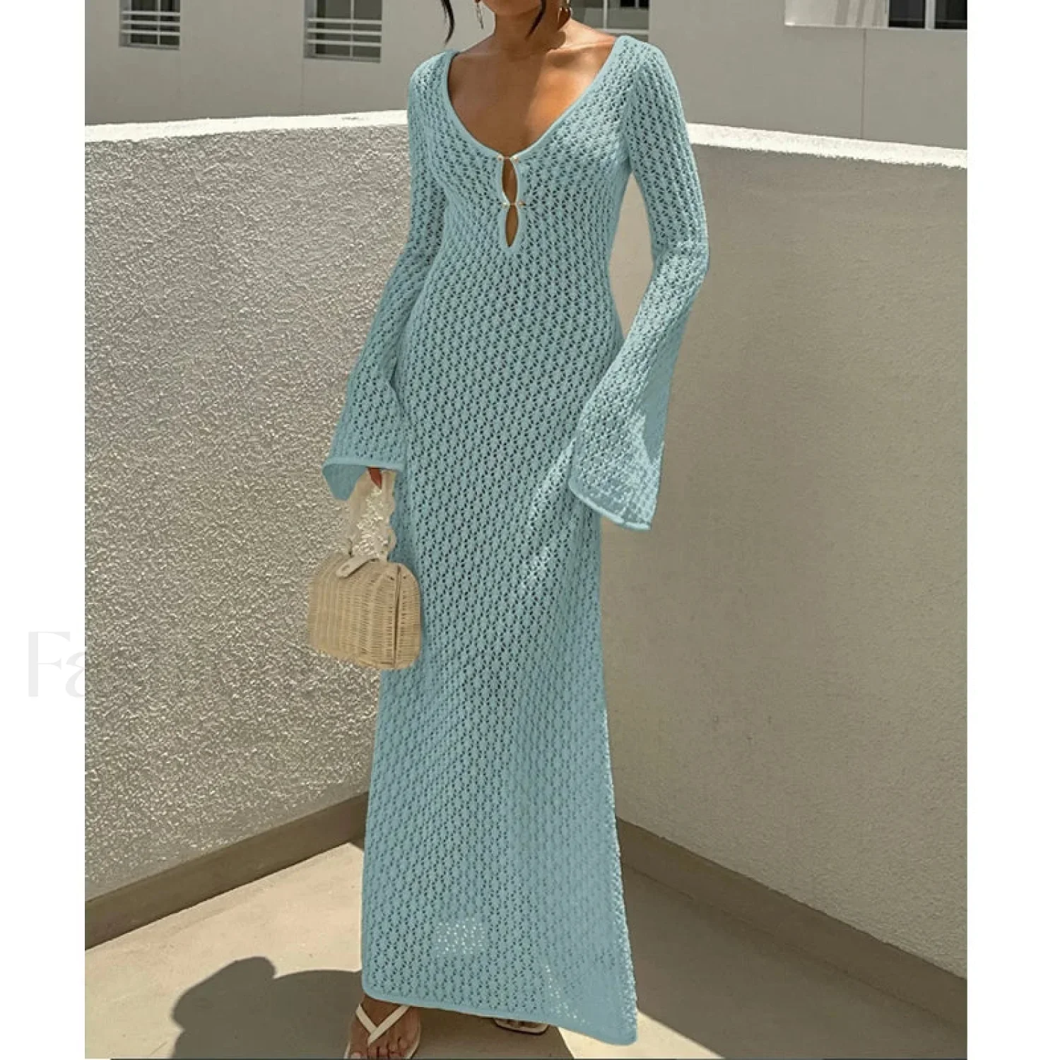 V-Neck Long Sleeve Backless Cover Up - Image 14