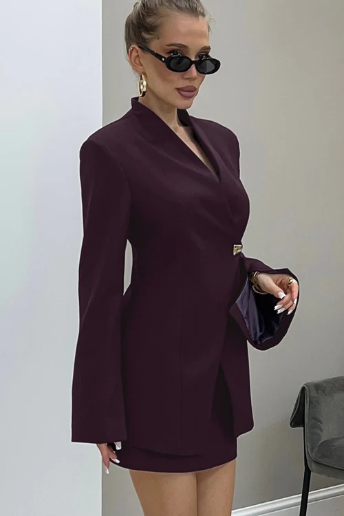 V Neck Long Sleeve Fitted Two Piece Blazer Skirt Set - Image 4