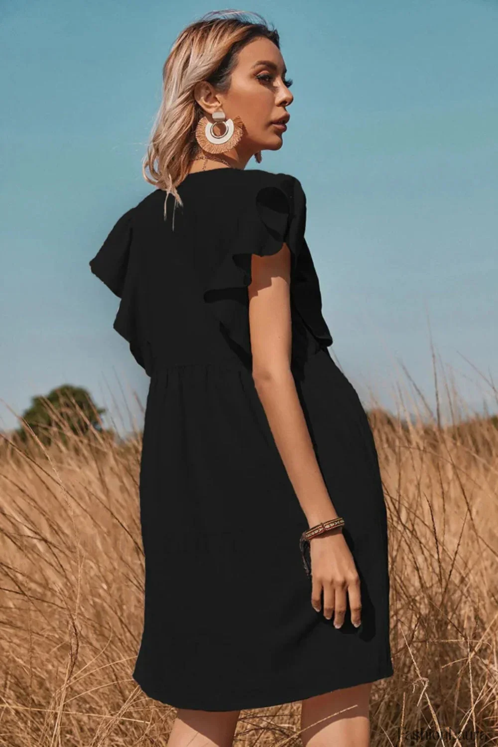 V-Neck One-Row Button Flared Pastoral Mini Dress - Image 13