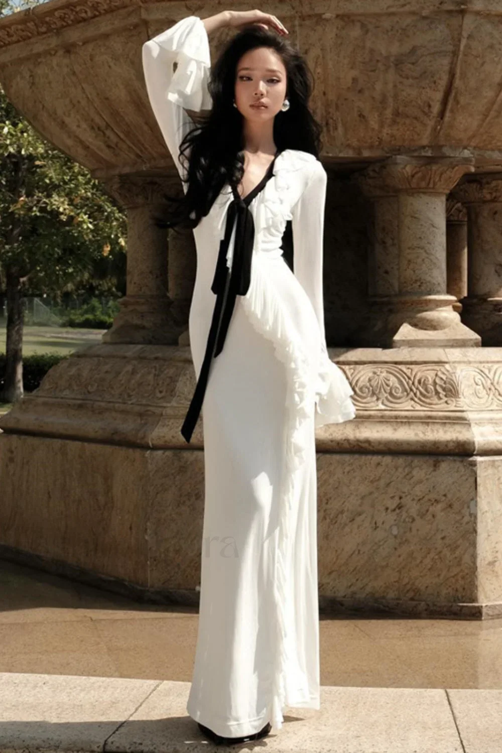 V-Neck Ruffled Split Long Sleeve Maxi Dress - Image 6