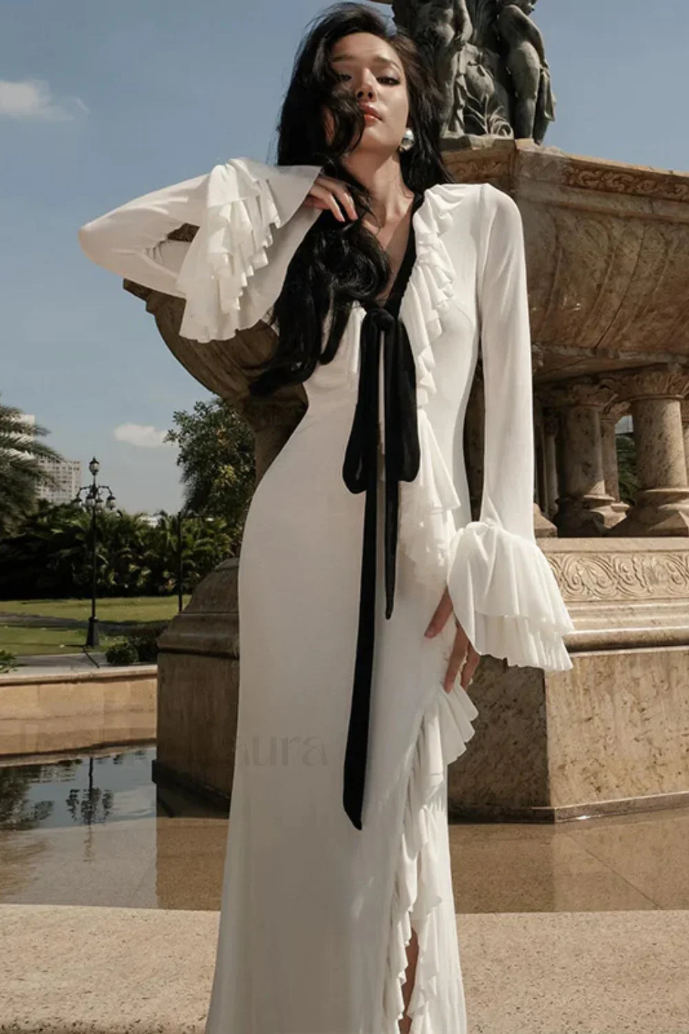 V-Neck Ruffled Split Long Sleeve Maxi Dress - Image 8