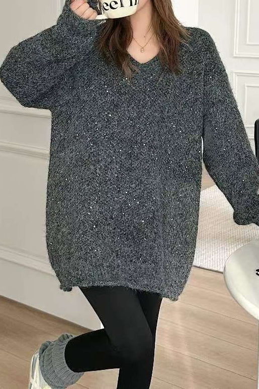 V Neck Sequin Oversized Sweater - Image 10