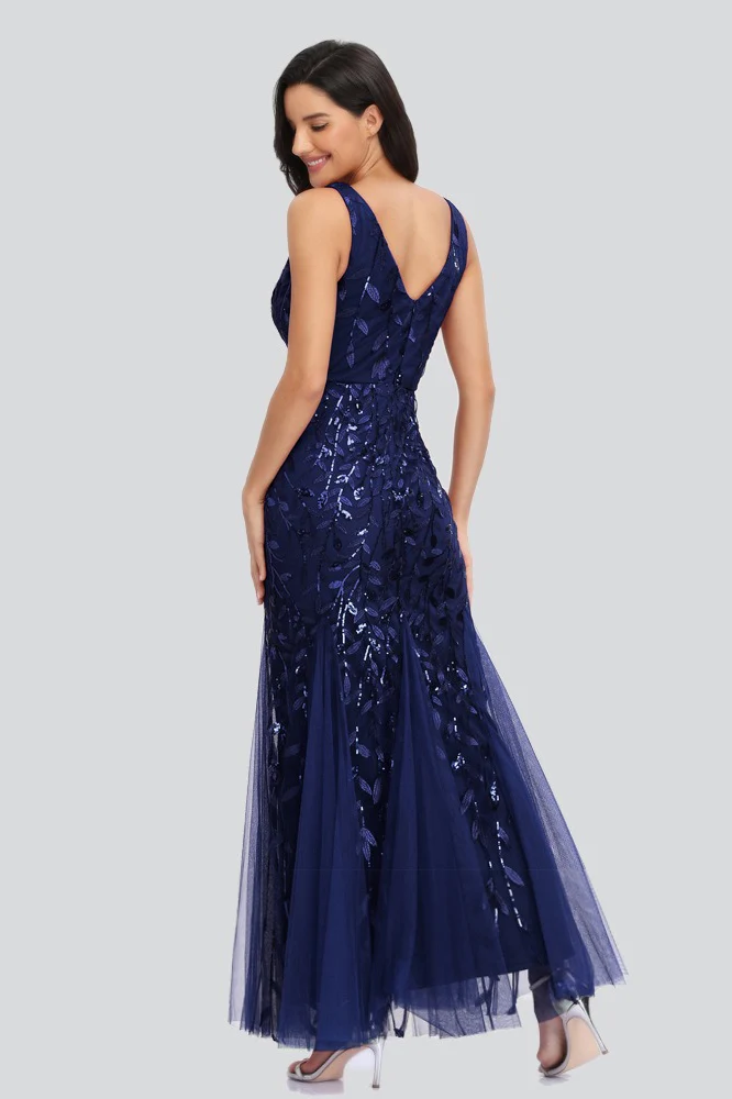 V Neck Sheer Embroidered Sequin Sexy Prom Dress - Image 6