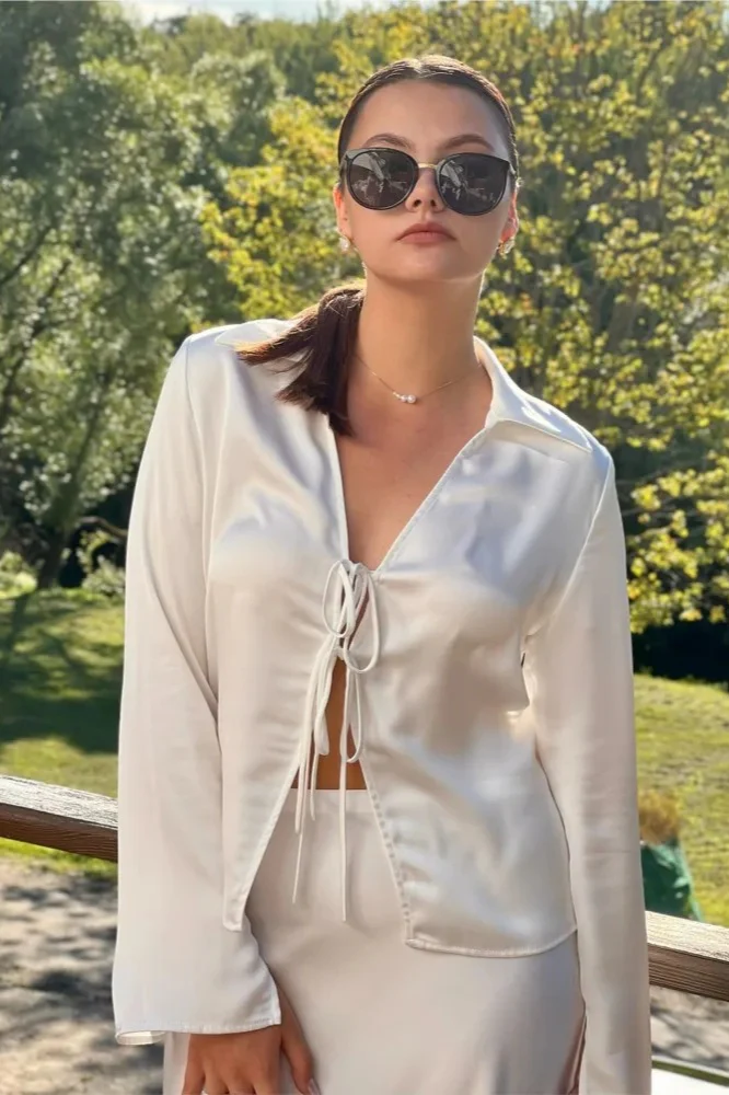 V-Neck Tie-Front Blouse - Image 3