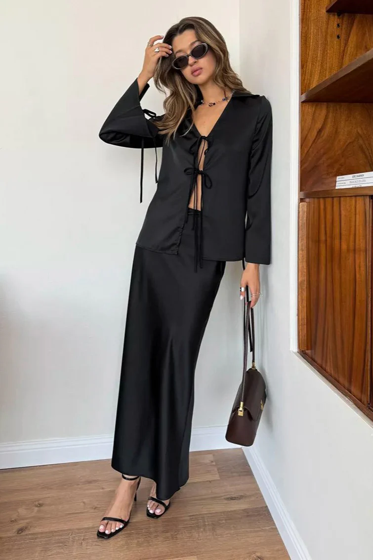 V Neck Tie Front Satin Top Maxi Skirt Set - Image 2