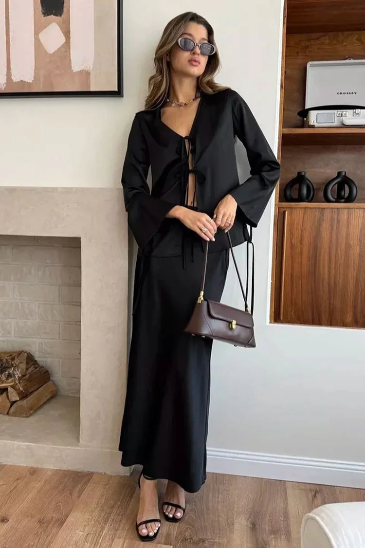 V Neck Tie Front Satin Top Maxi Skirt Set - Image 3