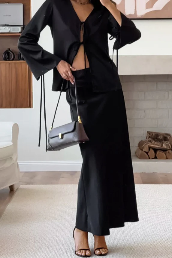 V Neck Tie Front Satin Top Maxi Skirt Set - Image 4