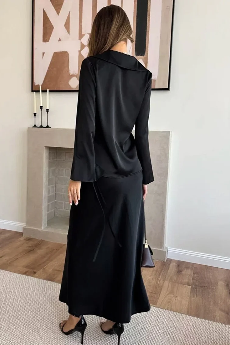 V Neck Tie Front Satin Top Maxi Skirt Set - Image 5