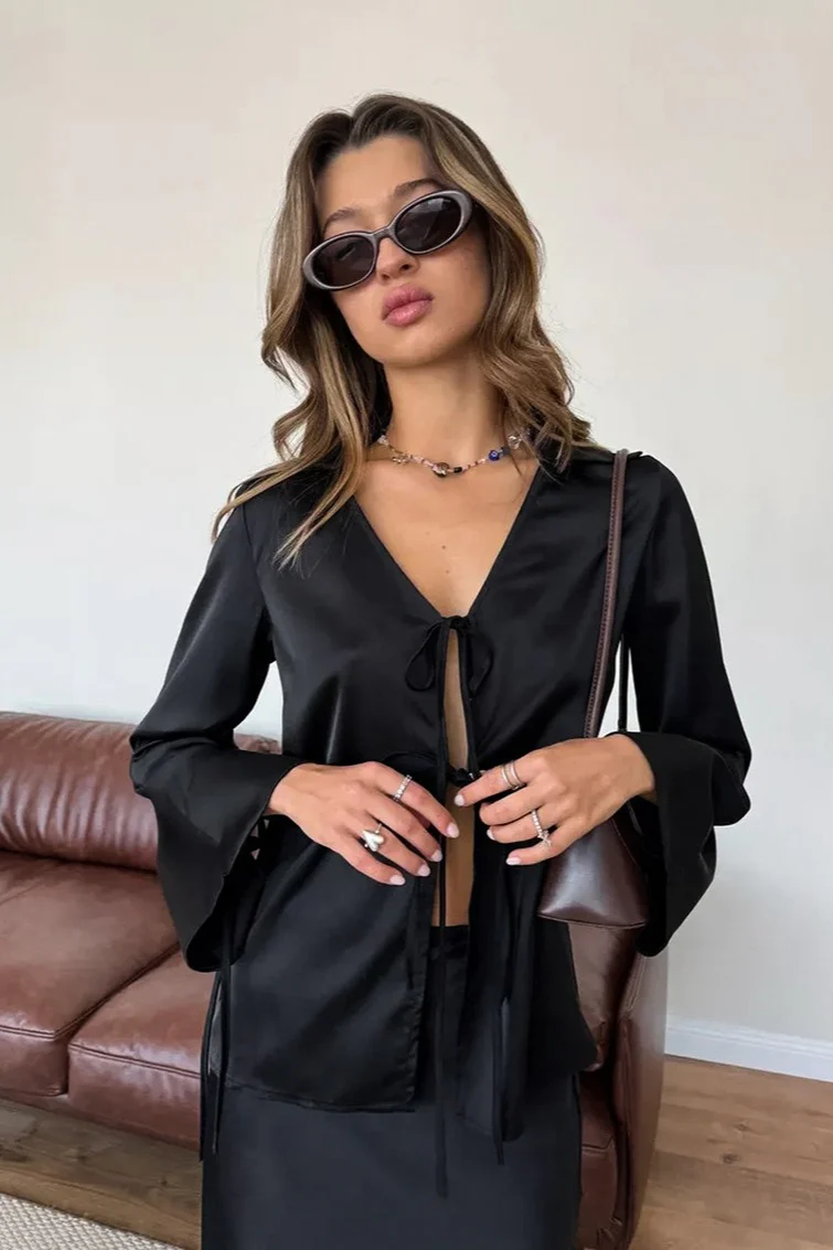 V Neck Tie Front Satin Top Maxi Skirt Set - Image 6