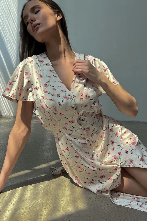 V Neck Tie Waist Short Sleeve Shirt Floral Dress - Image 2