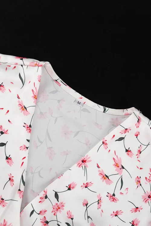 V Neck Tie Waist Short Sleeve Shirt Floral Dress - Image 5