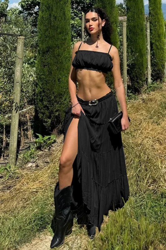 Vacation Style Solid Color Wrap Bodice Halter Skirt Set - Image 7