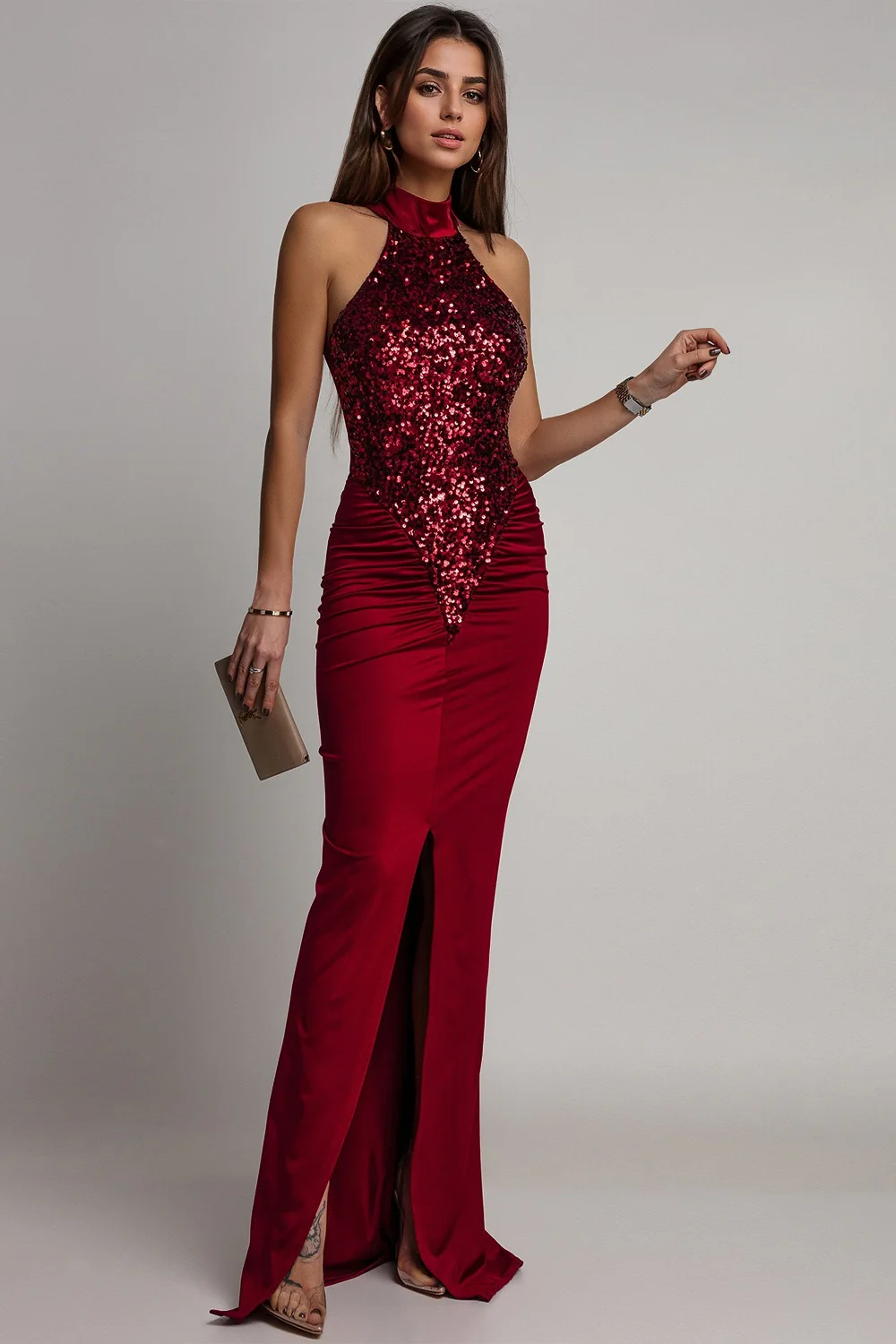 Velvet Sequin Slit Midi Bodycon Dress - Image 3