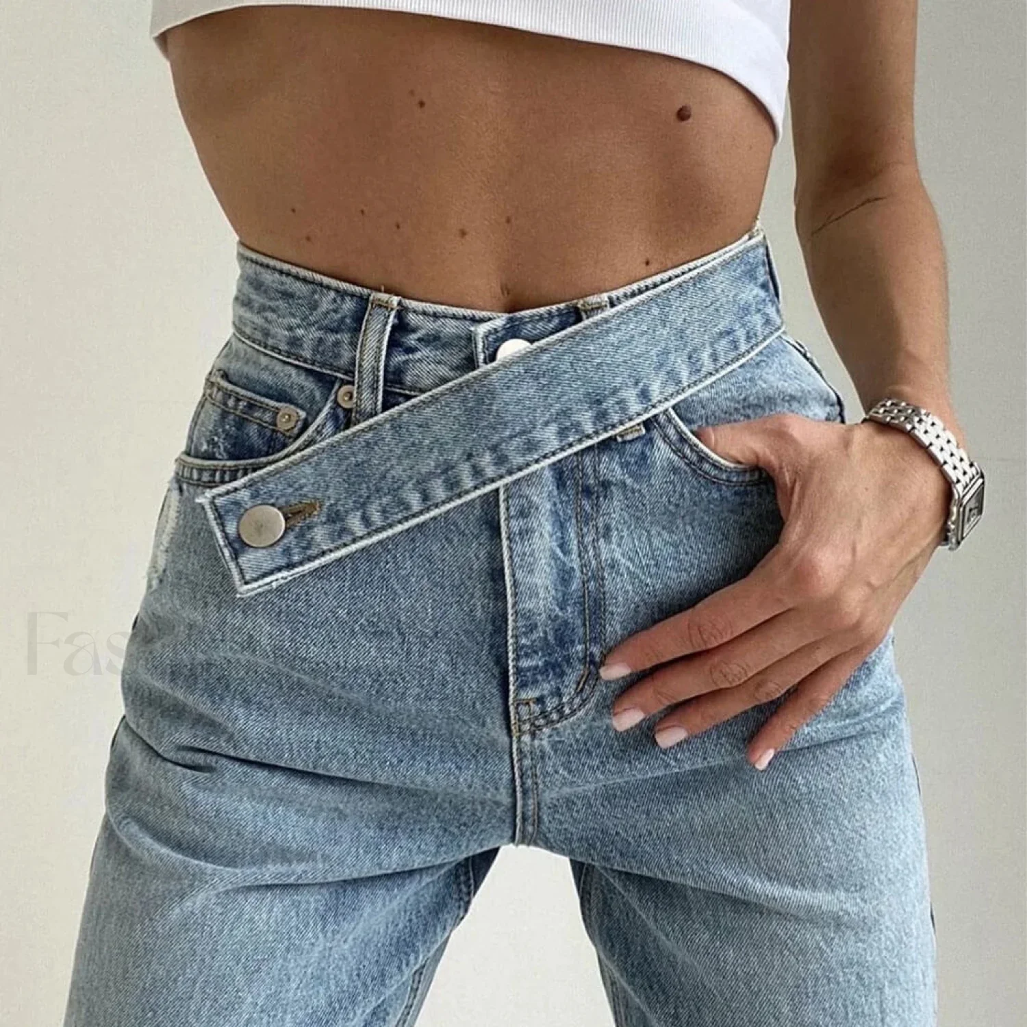 Vintage Belted High Waist Faded Wide Leg Jeans - Light Blue - Image 6