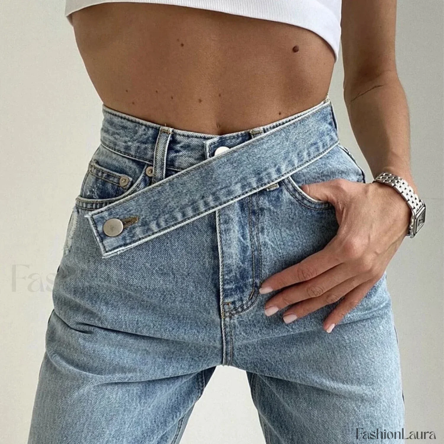 Vintage Belted High Waist Faded Wide Leg Jeans - Light Blue - Image 9
