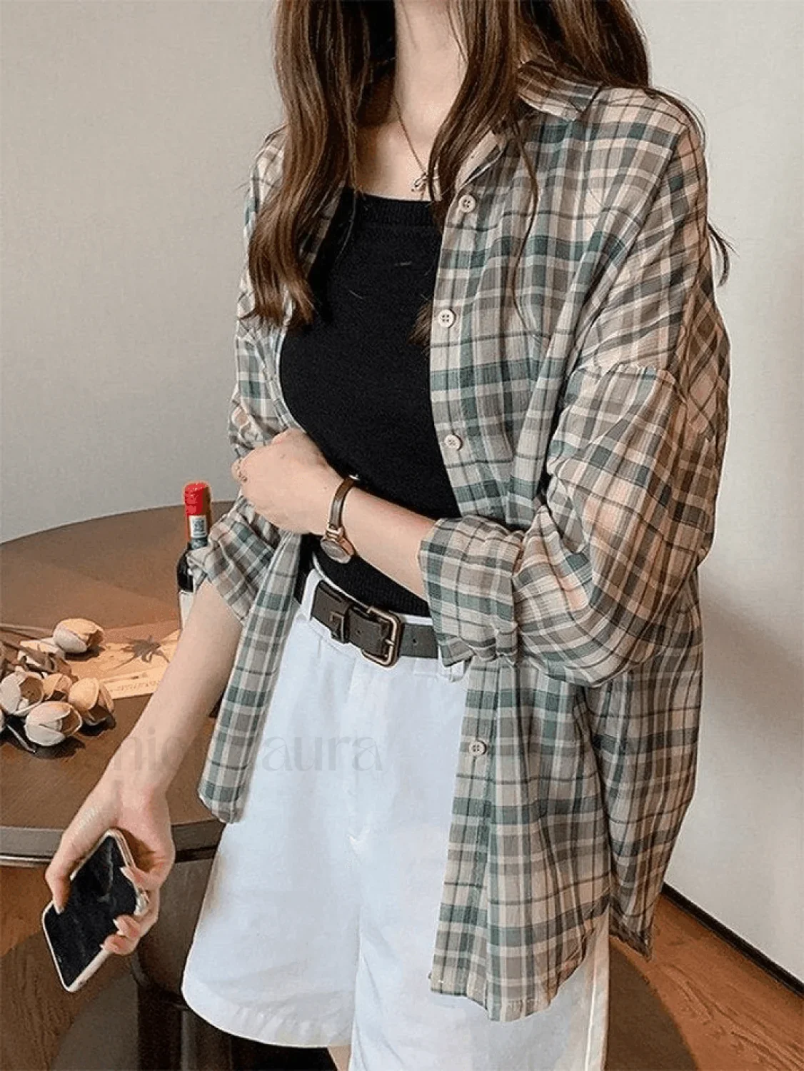 Vintage Checkered Long Sleeve Button Blouse - Image 4