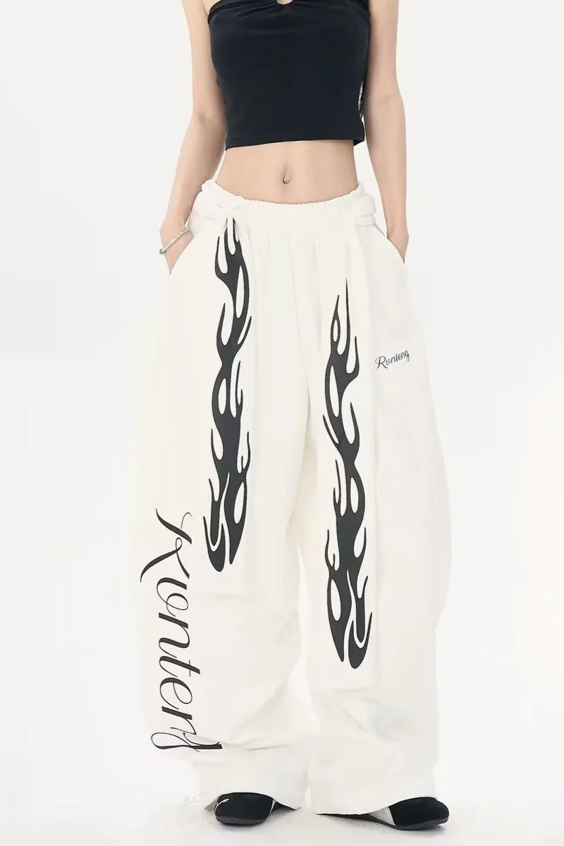 Vintage Flame Print Detachable Tie Curved Sweat Pants - Image 4