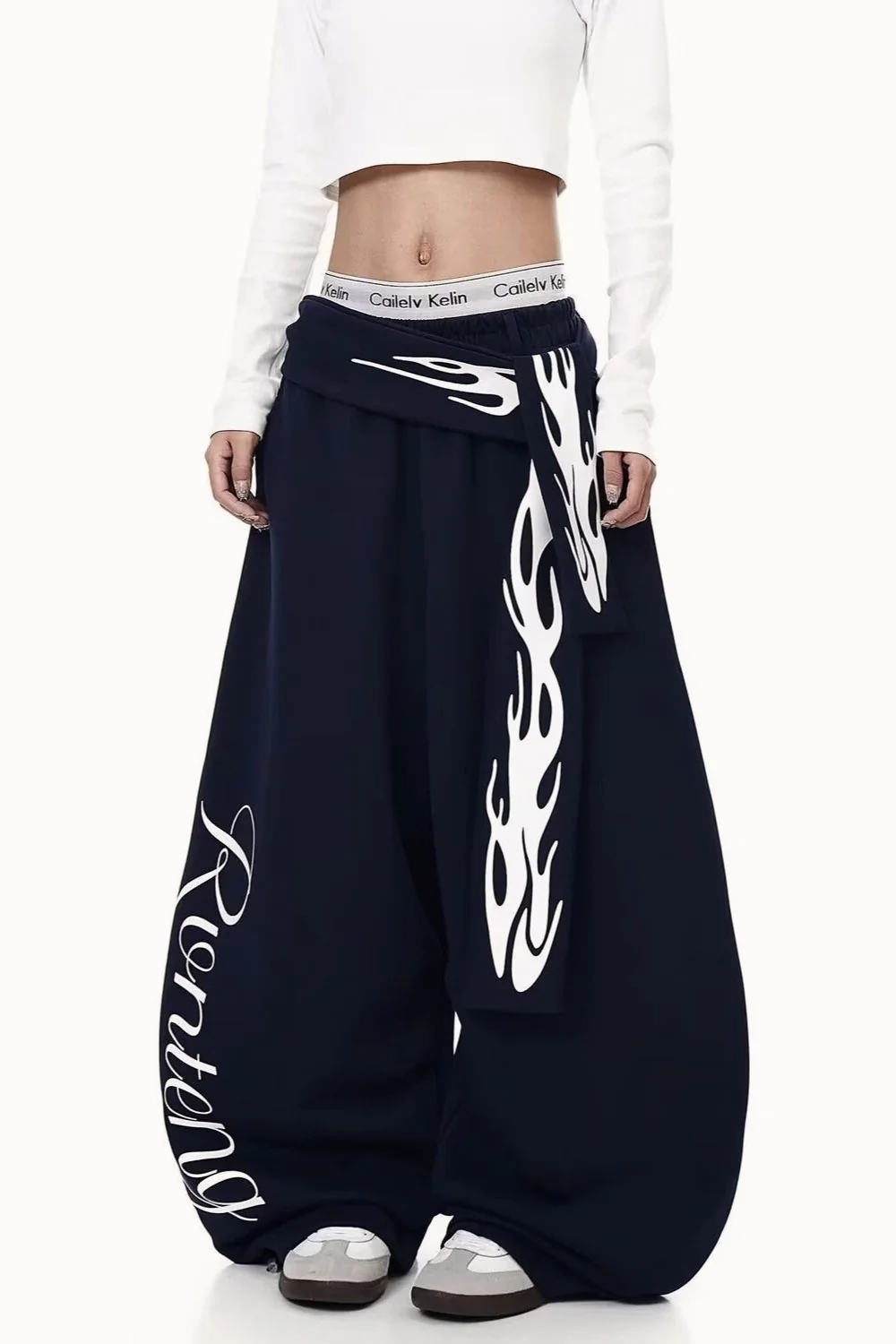 Vintage Flame Print Detachable Tie Curved Sweat Pants - Image 6