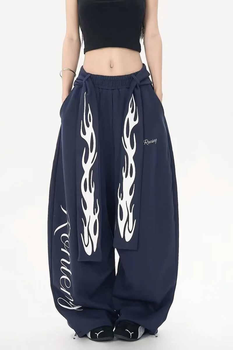 Vintage Flame Print Detachable Tie Curved Sweat Pants - Image 7
