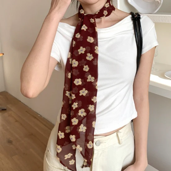 Vintage Floral Long Lightweight Neck Ribbon Scarf - Image 3