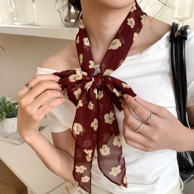 Vintage Floral Long Lightweight Neck Ribbon Scarf - Image 4