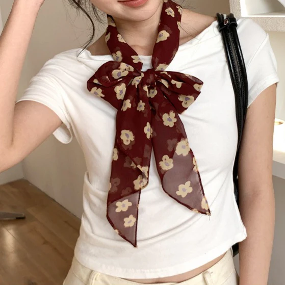Vintage Floral Long Lightweight Neck Ribbon Scarf - Image 5