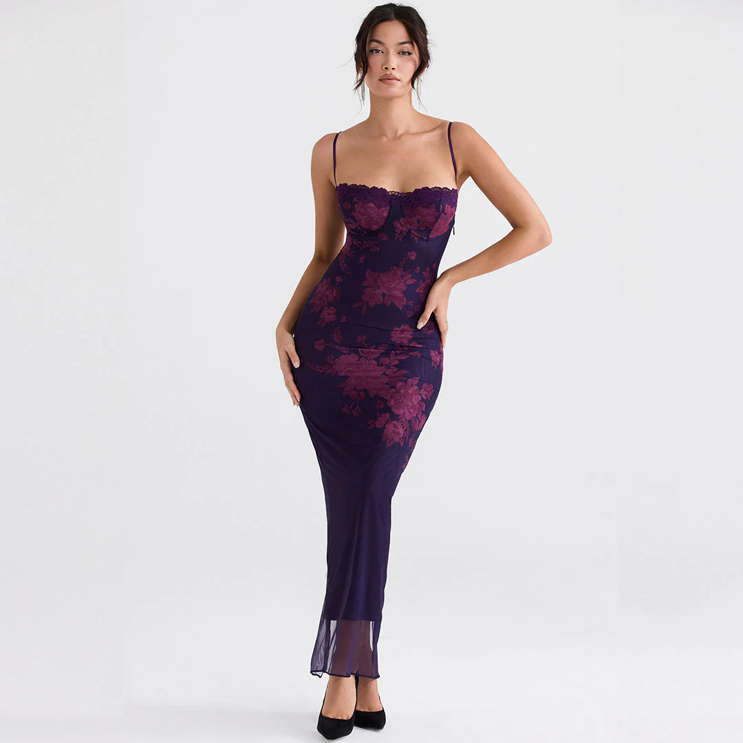 Vintage Flower Print Mesh Panel Lace Up Back Slip Maxi Dress - Black - Image 12