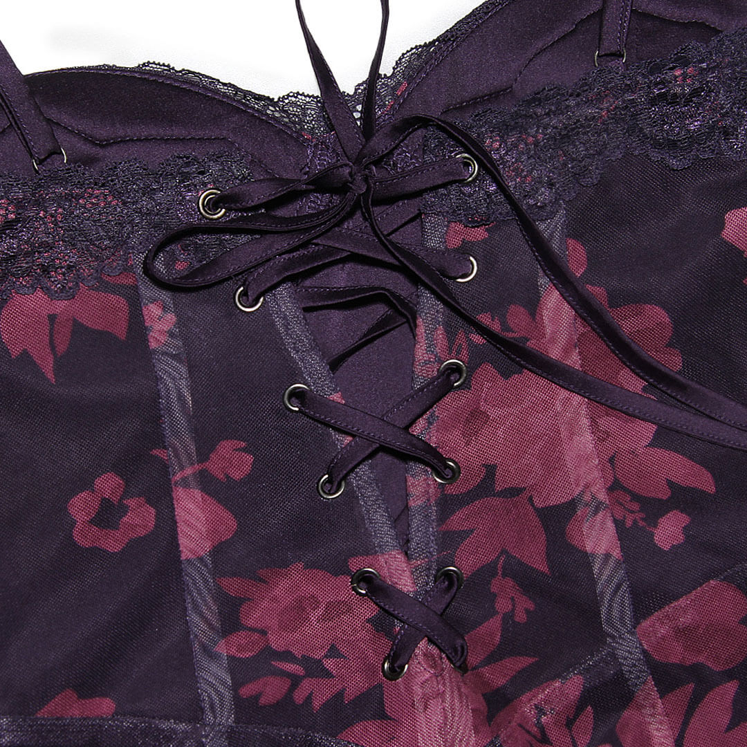 Vintage Flower Print Mesh Panel Lace Up Back Slip Maxi Dress - Black - Image 5