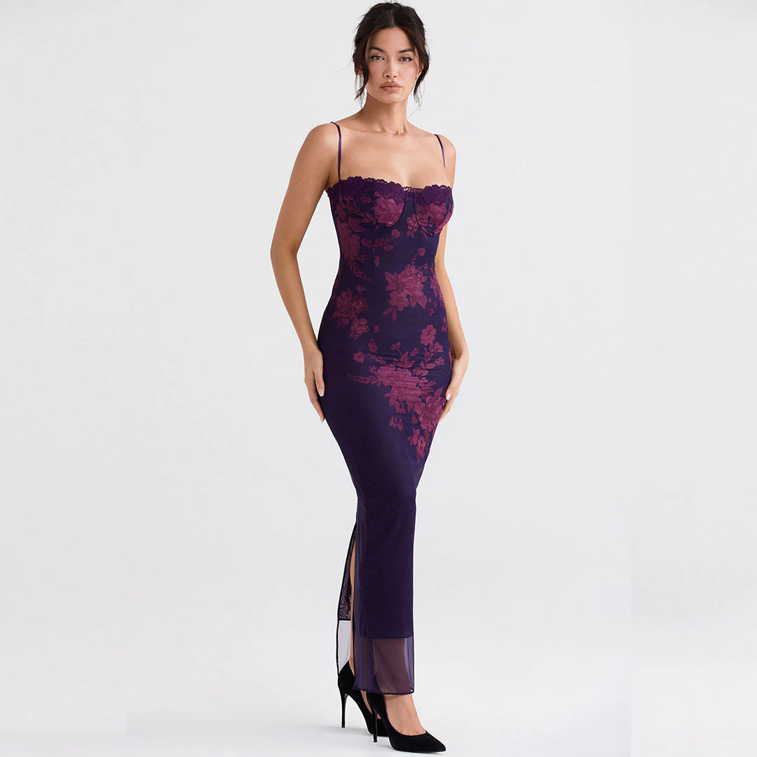 Vintage Flower Print Mesh Panel Lace Up Back Slip Maxi Dress - Black - Image 7