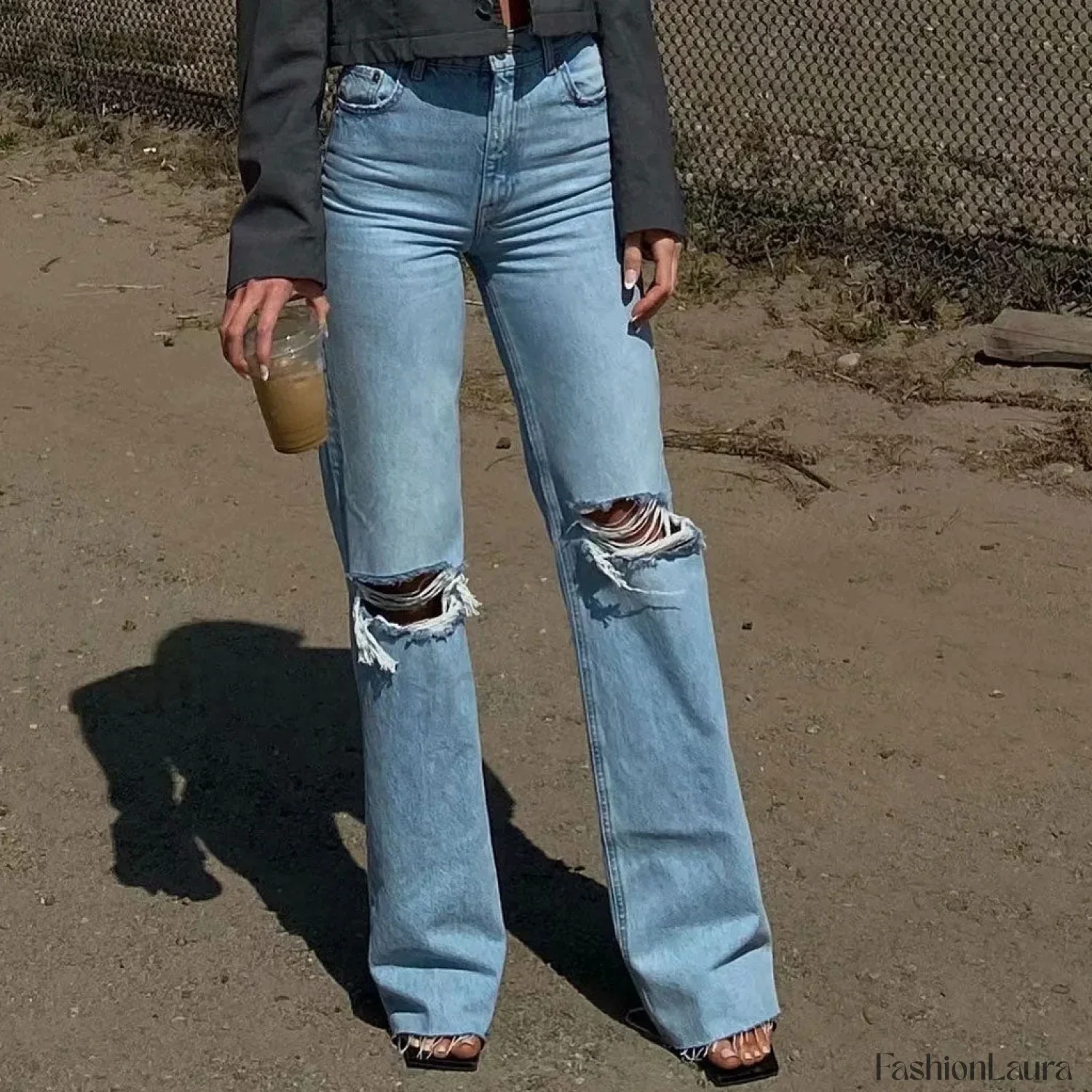 Vintage High Waist Cut Out Frayed Straight Leg Jeans - Light Blue - Image 12
