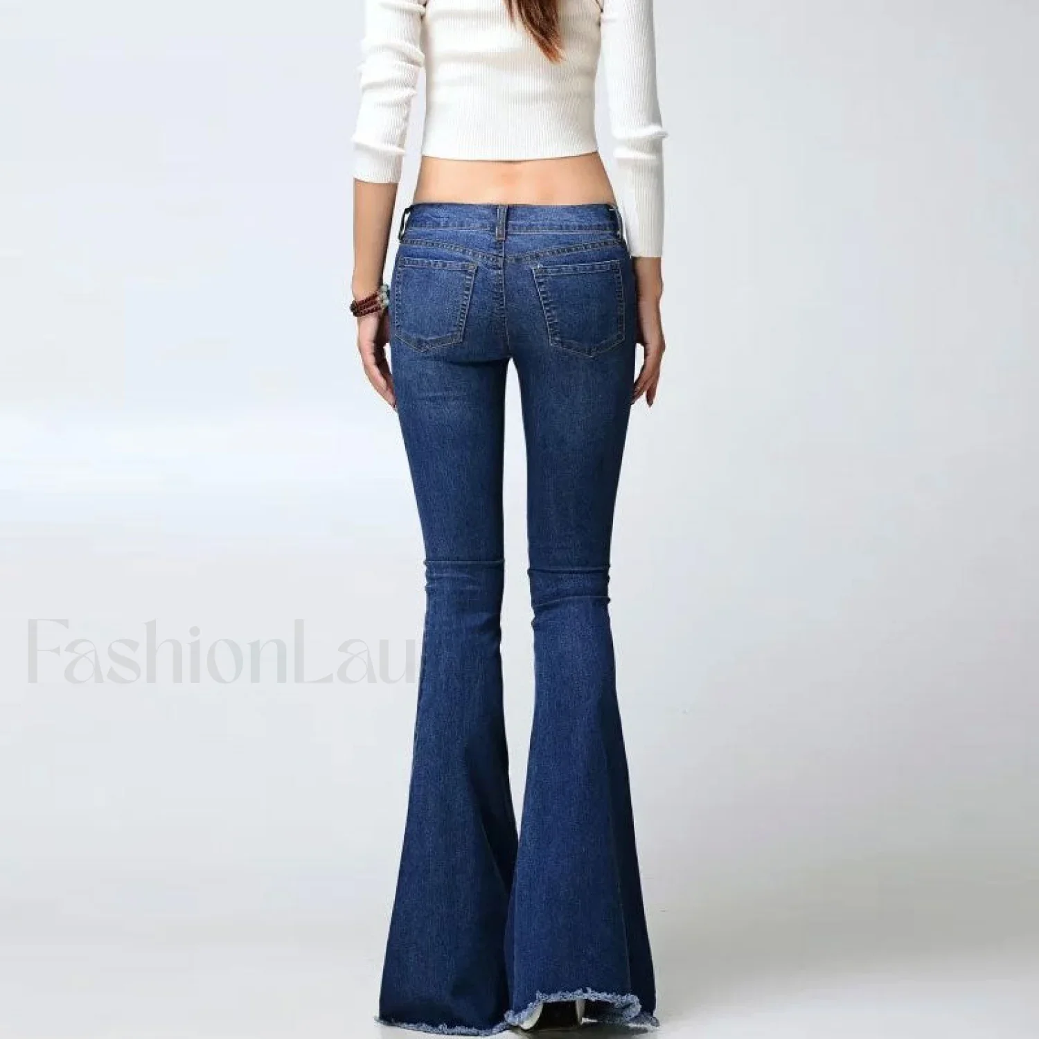 Vintage High Waist Faded Frayed Skinny Flare Jeans - Dark Blue - Image 5