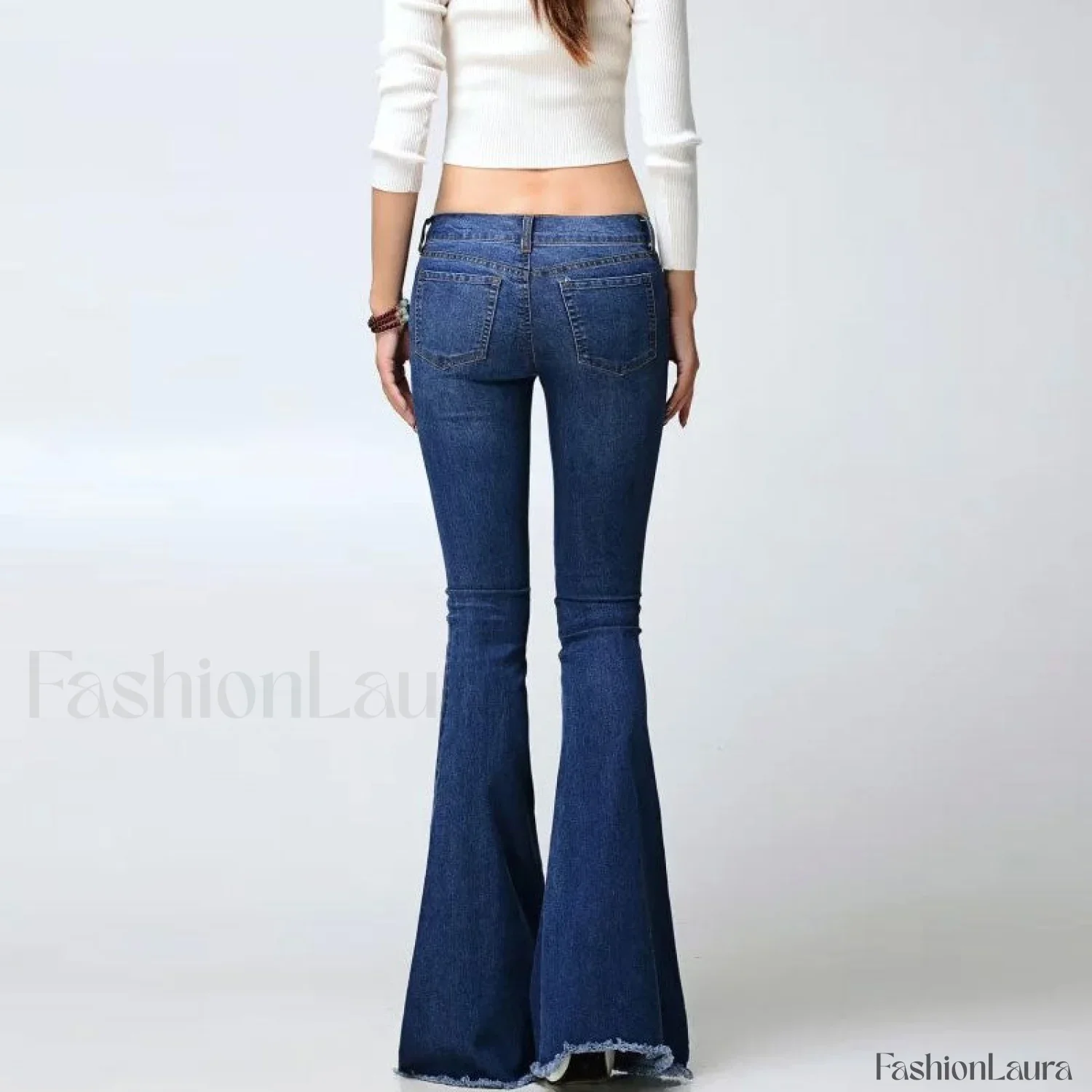 Vintage High Waist Faded Frayed Skinny Flare Jeans - Dark Blue - Image 9