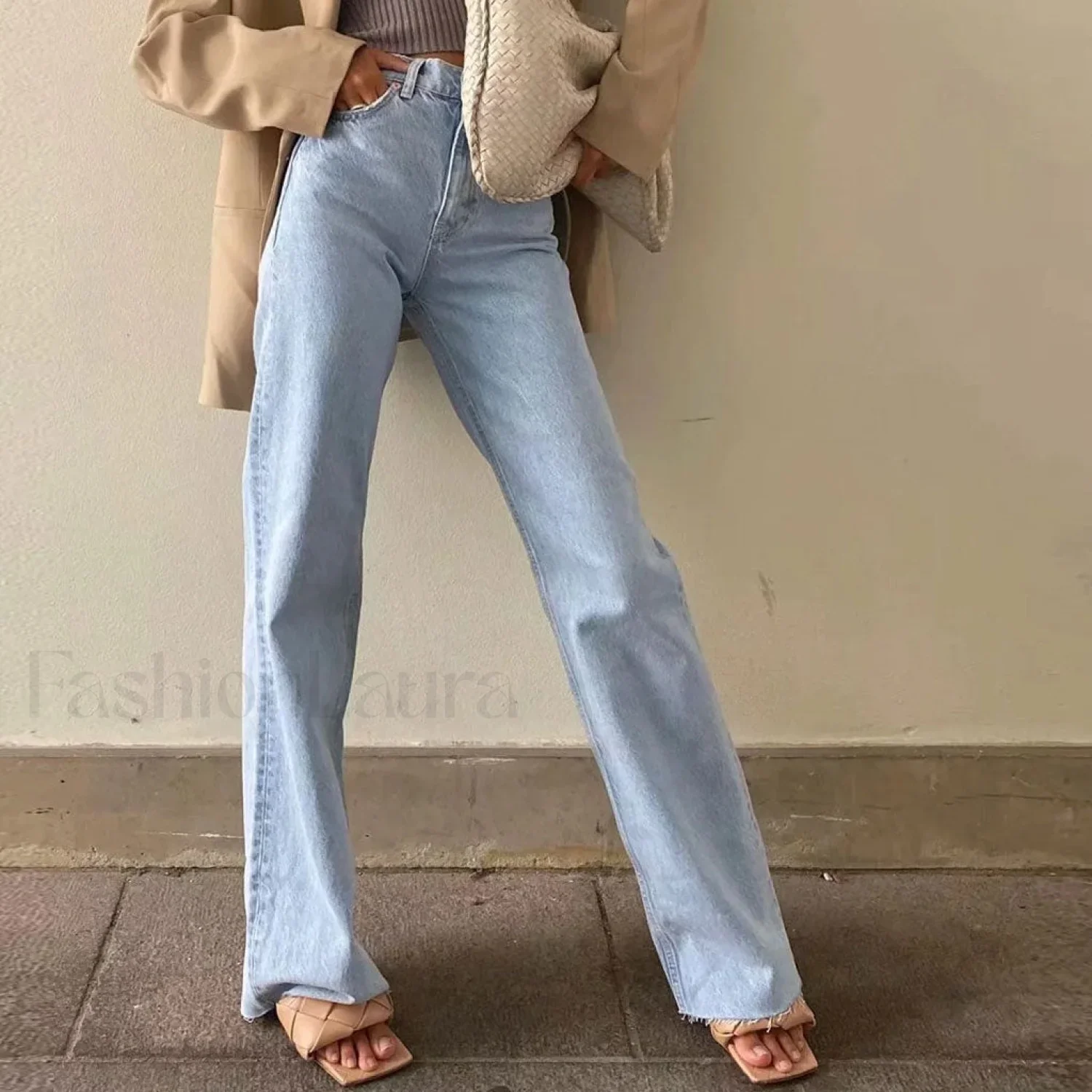 Vintage High Waist Frayed Trim Wide Leg Jeans - Light Blue - Image 8