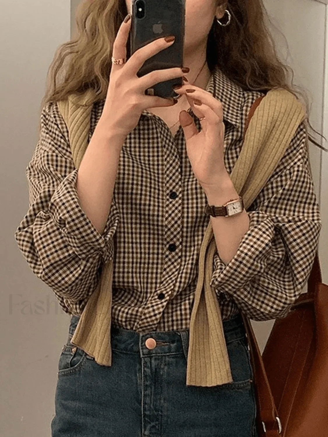 Vintage Long Sleeve Checkered Blouse - Image 6