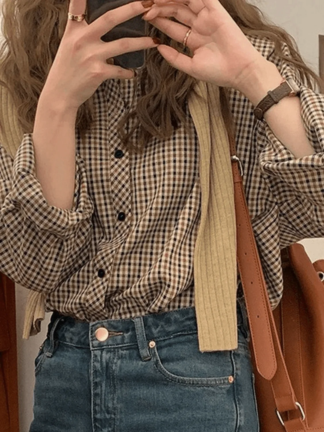 Vintage Long Sleeve Checkered Blouse - Image 7