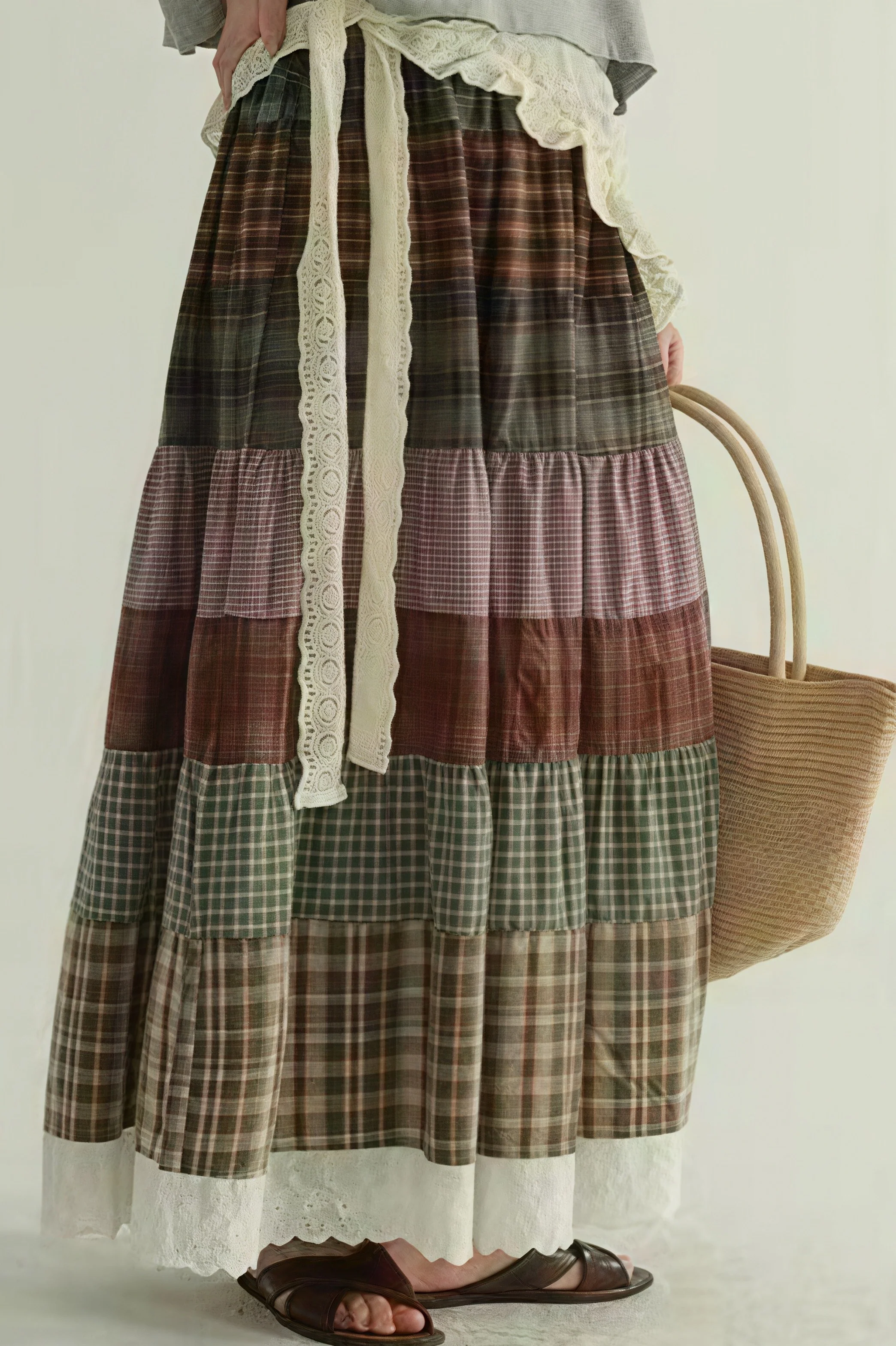 Vintage Plaid Patchwork Flared Boho Skirt