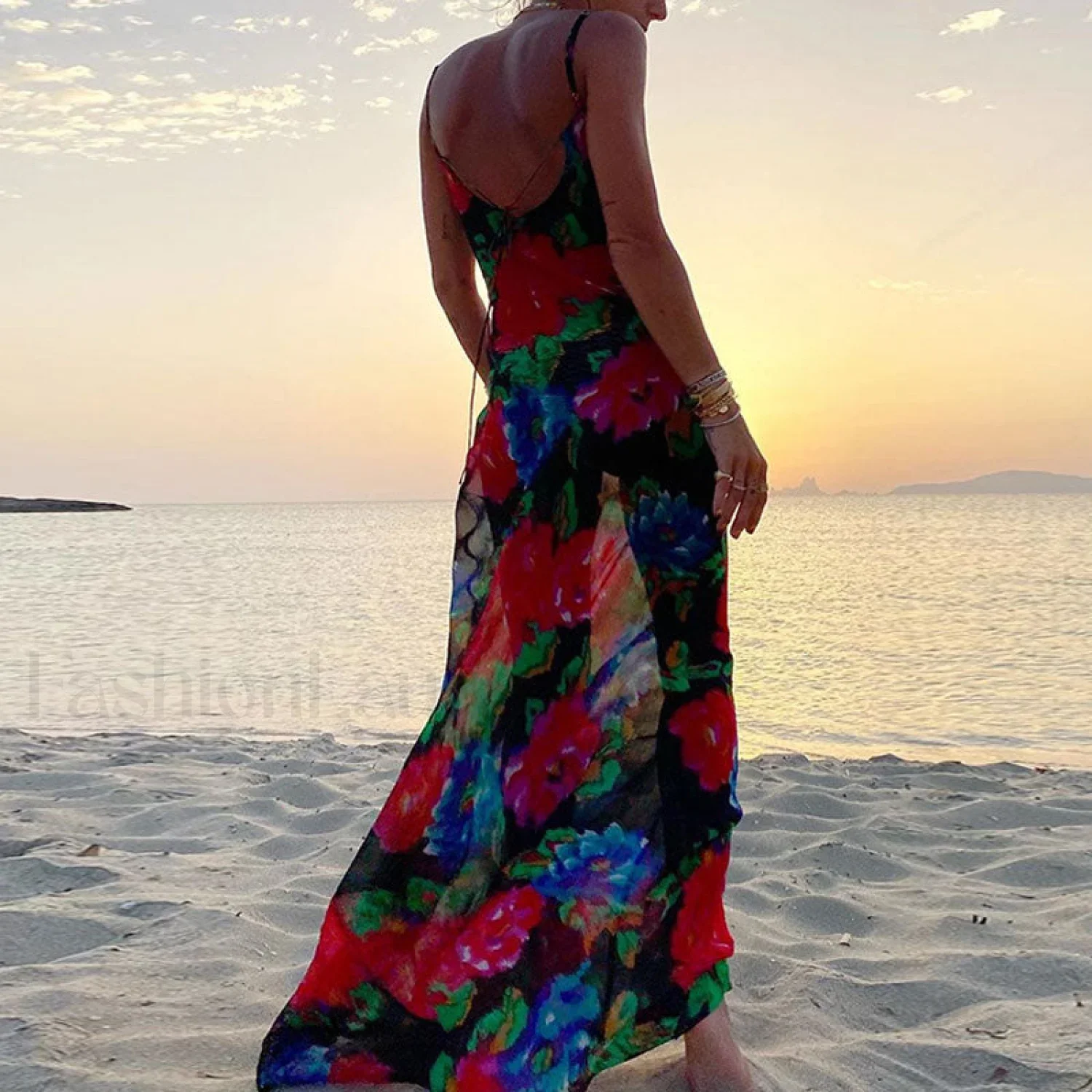 Vintage Style Floral Printed Cowl Neck Slip Maxi Dress - Black - Image 5