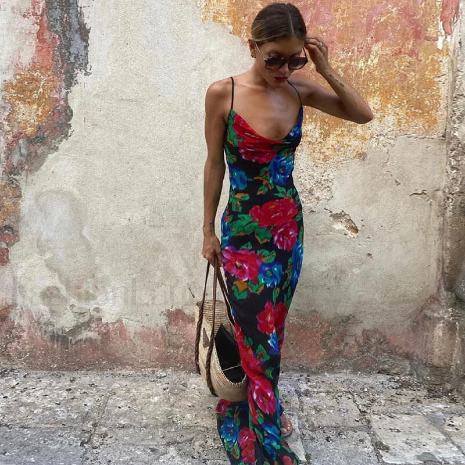 Vintage Style Floral Printed Cowl Neck Slip Maxi Dress - Black - Image 6