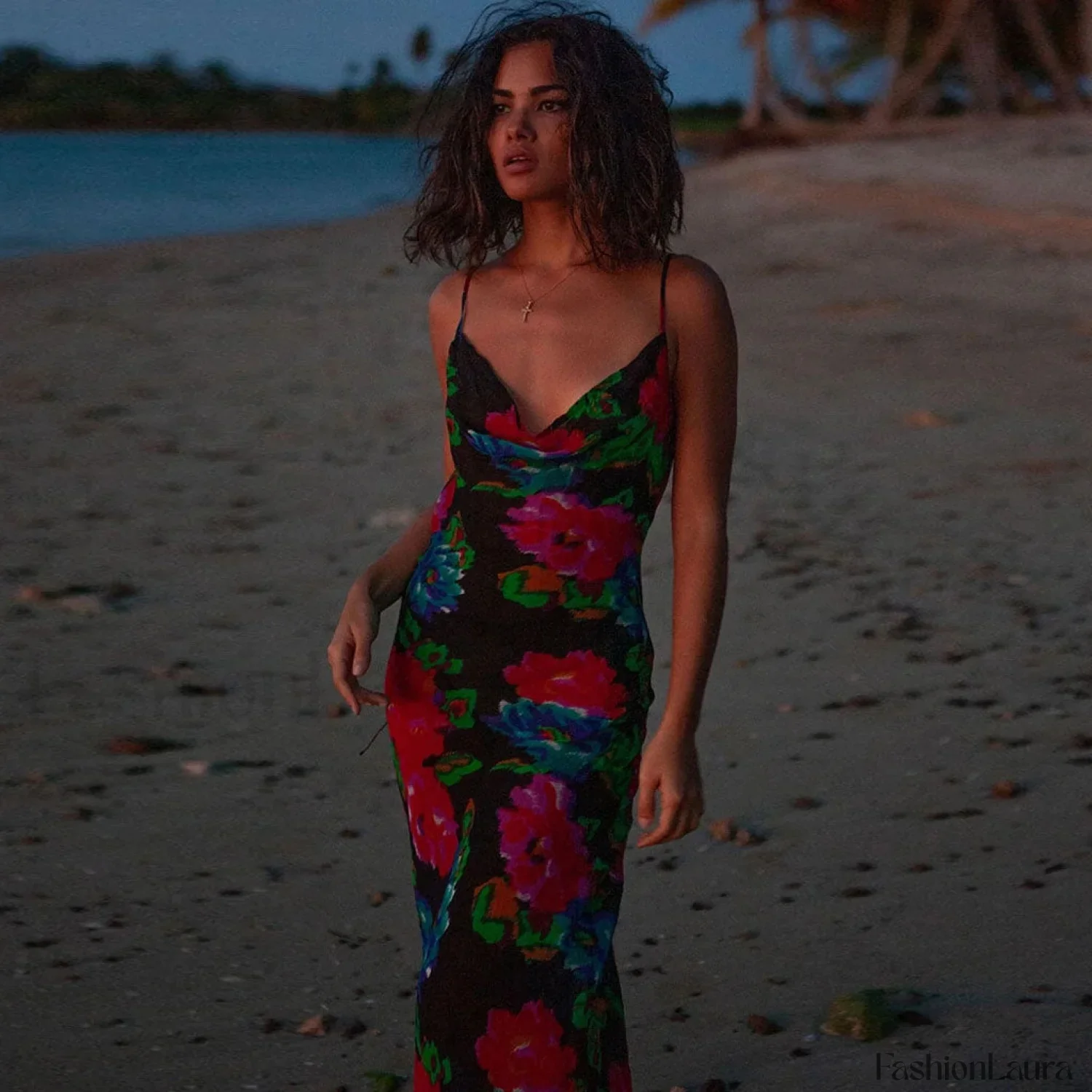 Vintage Style Floral Printed Cowl Neck Slip Maxi Dress - Black - Image 7