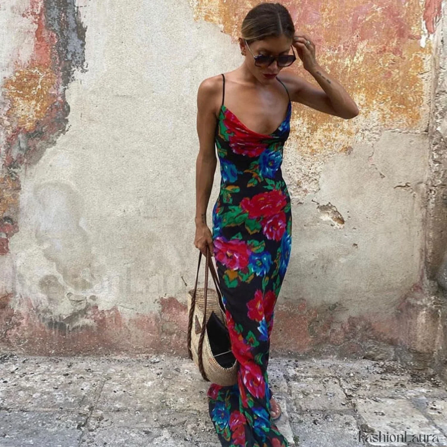 Vintage Style Floral Printed Cowl Neck Slip Maxi Dress - Black - Image 9