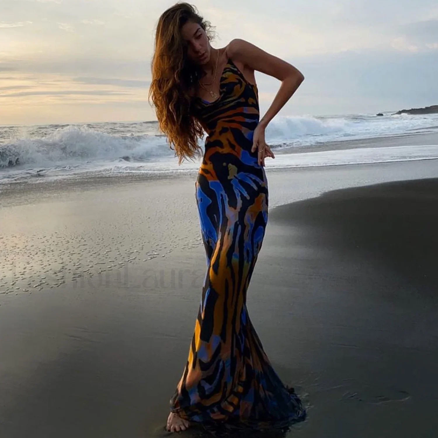 Vintage Style Striped Printed Cowl Neck Slip Maxi Dress - Black - Image 6