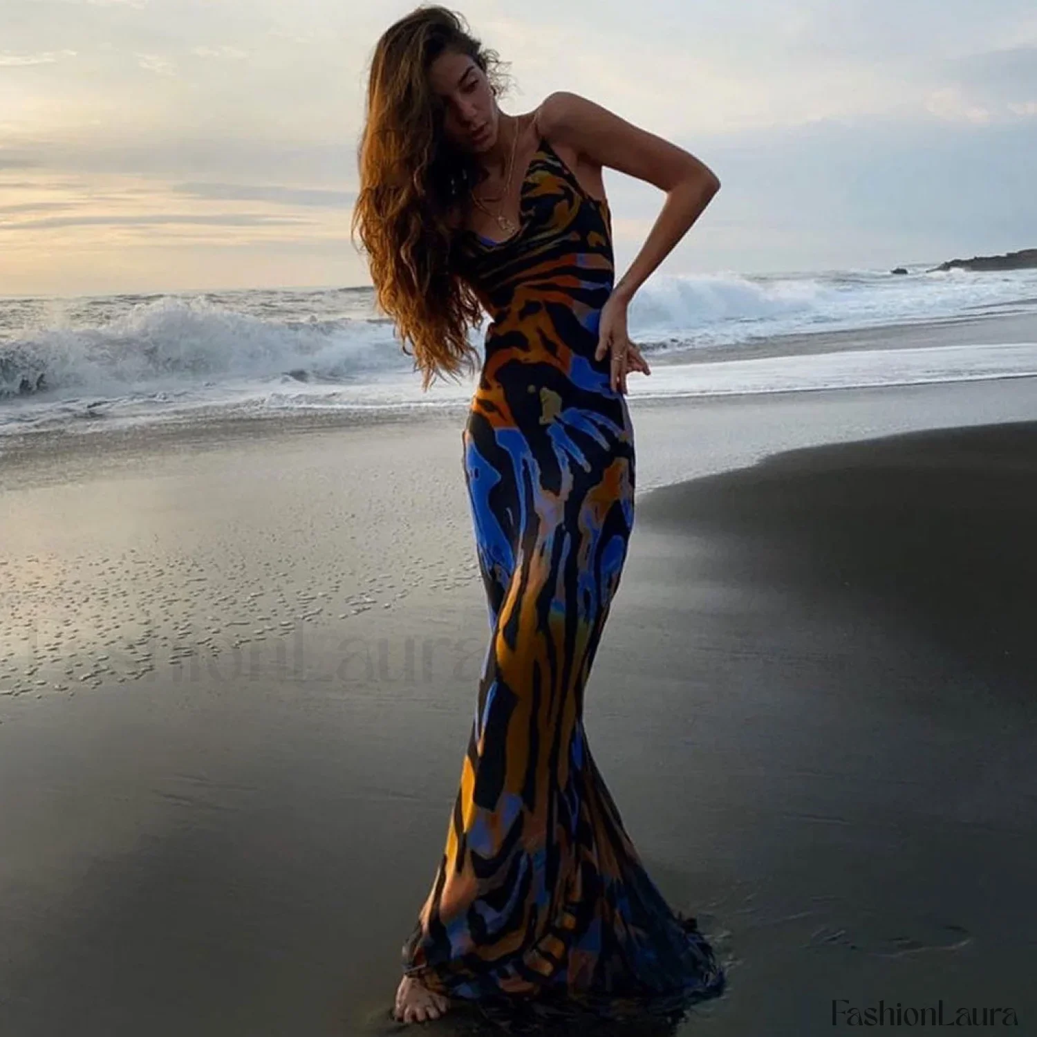 Vintage Style Striped Printed Cowl Neck Slip Maxi Dress - Black - Image 9