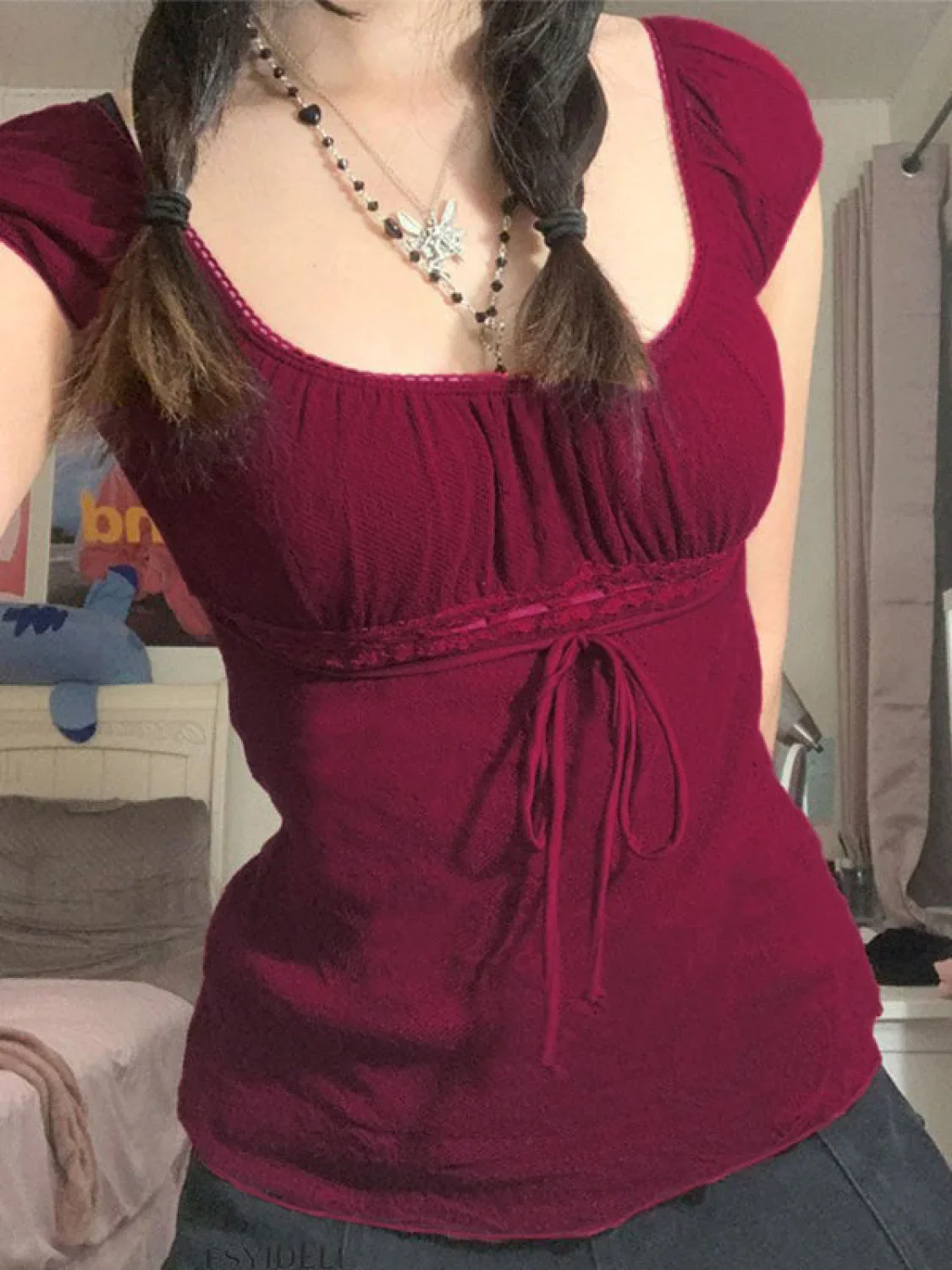 Vintage Tie Front Lace Trim Blouse - Image 22
