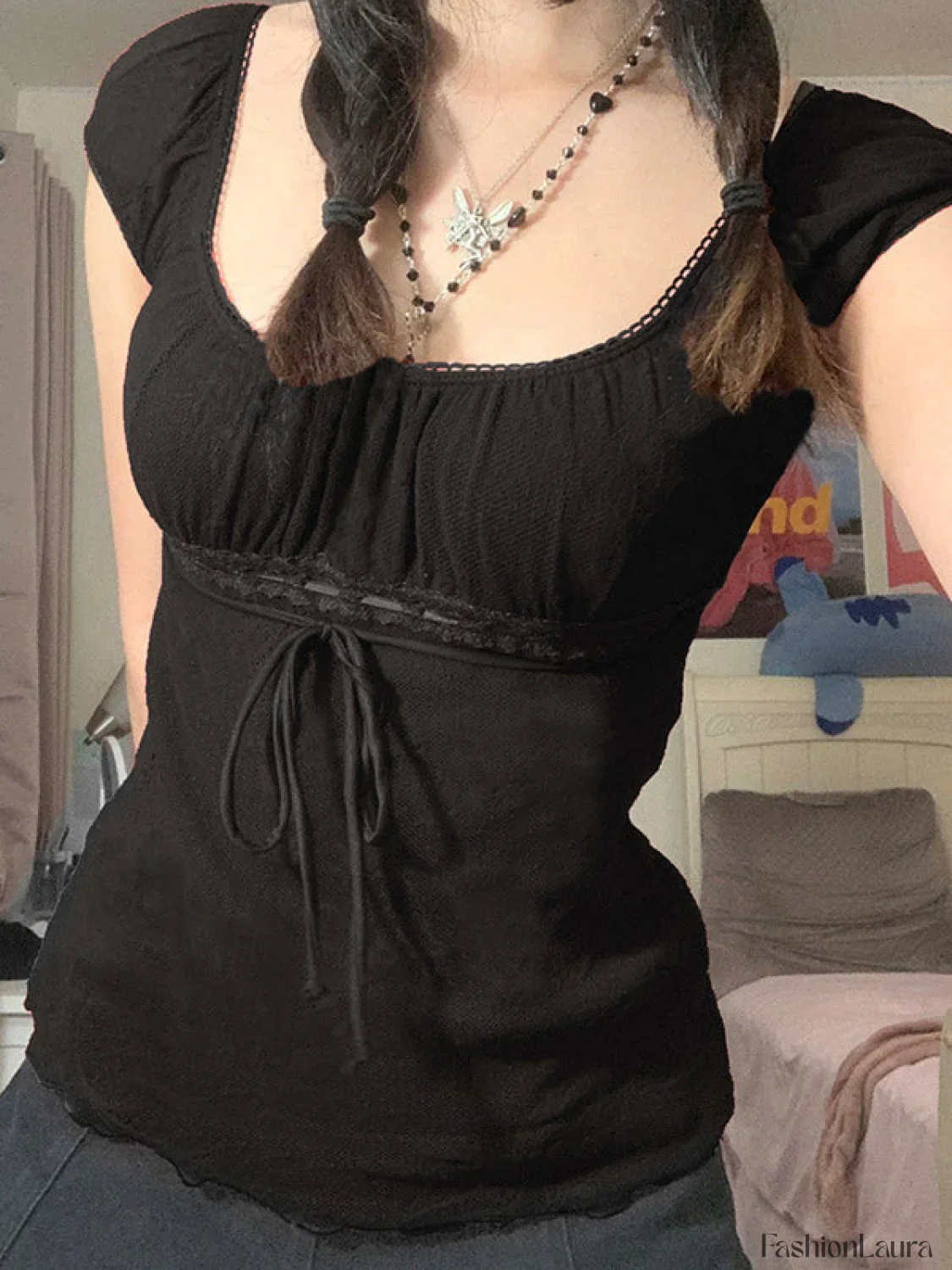 Vintage Tie Front Lace Trim Blouse - Image 25