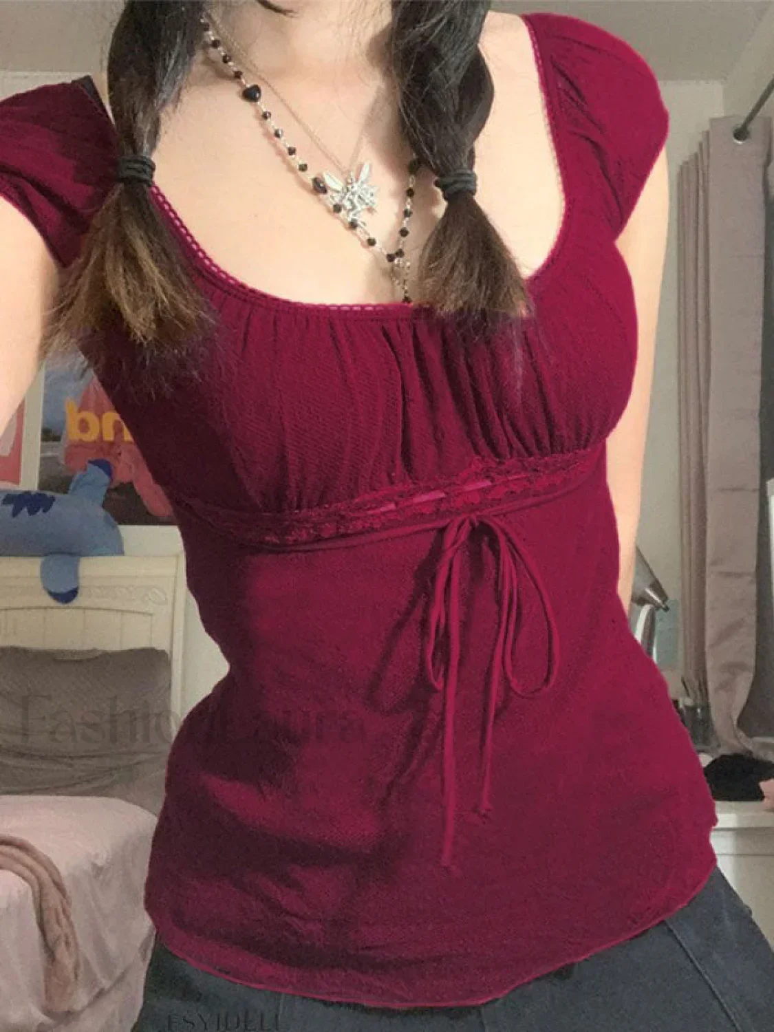 Vintage Tie Front Lace Trim Blouse - Image 3