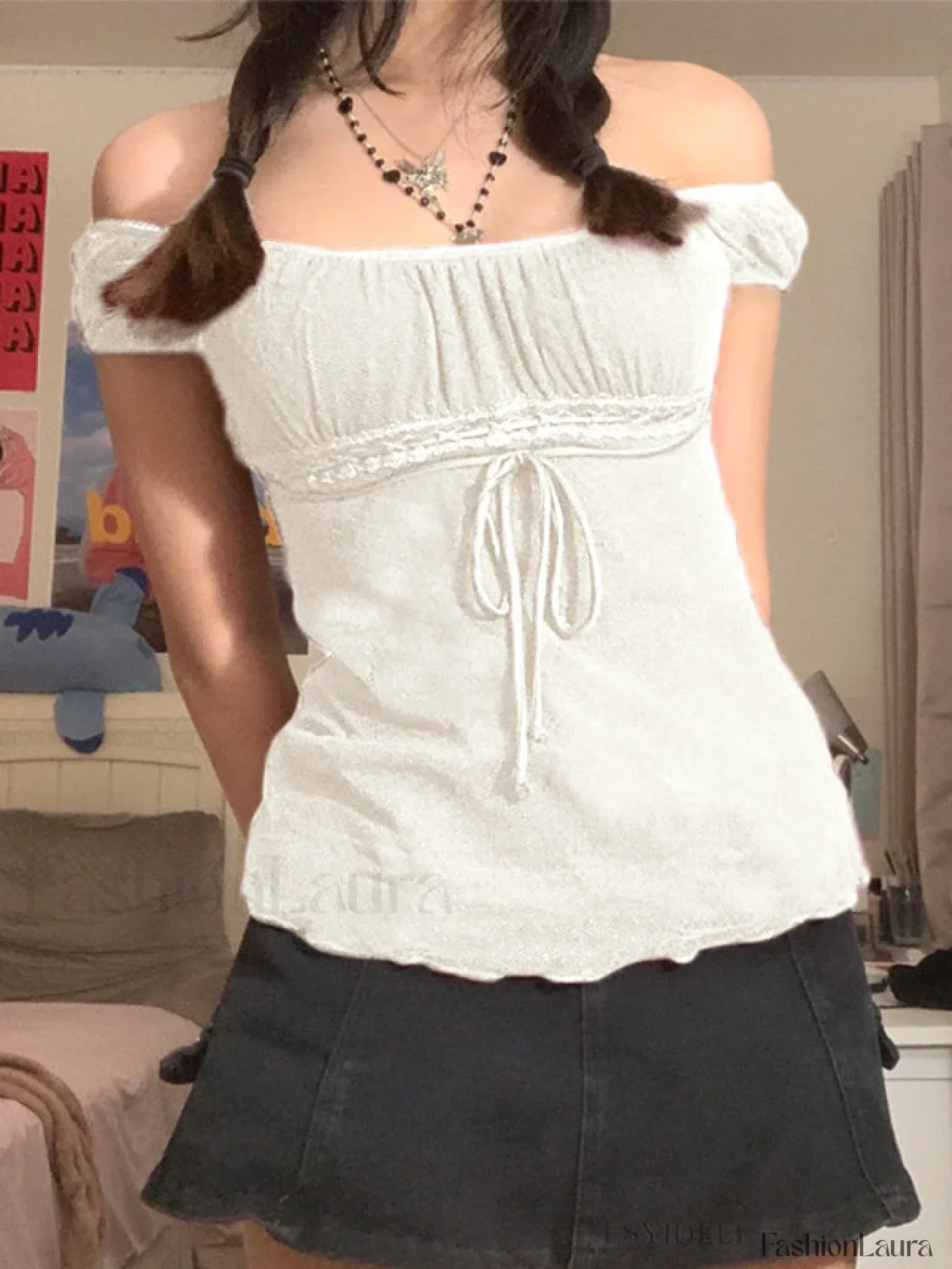 Vintage Tie Front Lace Trim Blouse - Image 30