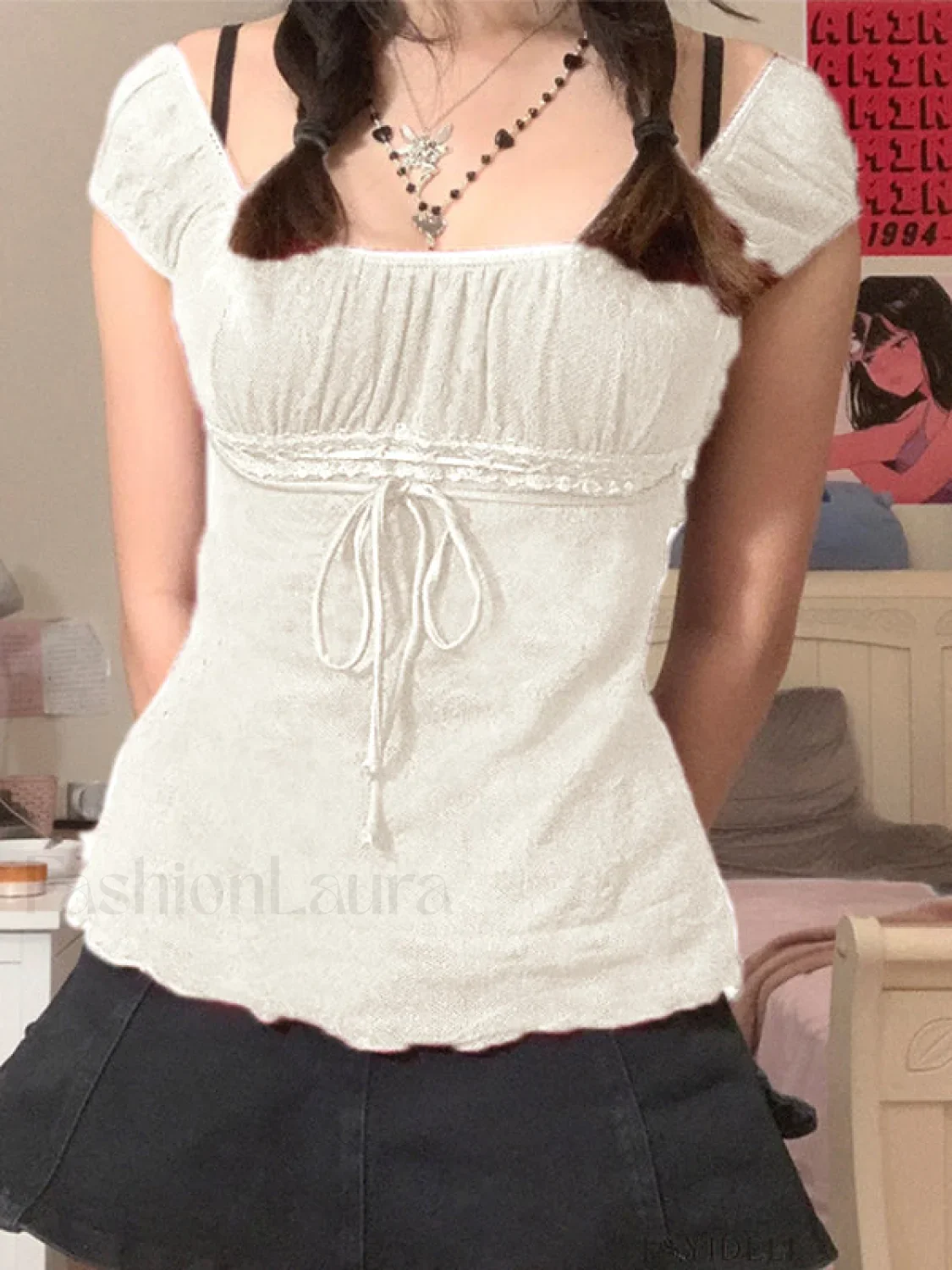 Vintage Tie Front Lace Trim Blouse - Image 8
