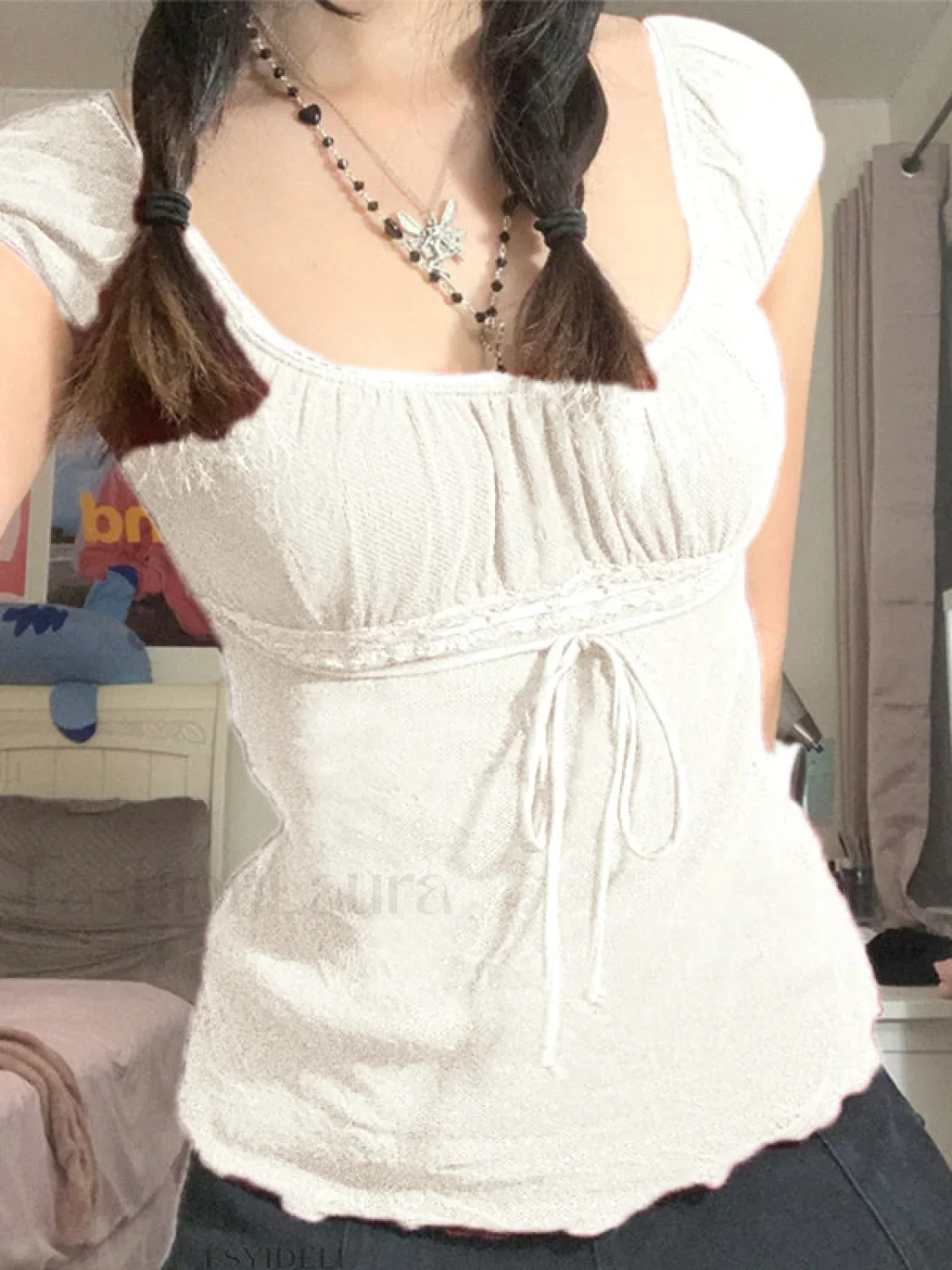 Vintage Tie Front Lace Trim Blouse - Image 9
