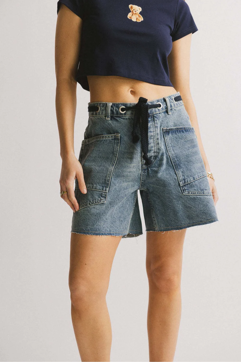 Vintage Washed Loose Fit Denim Drawstring Shorts